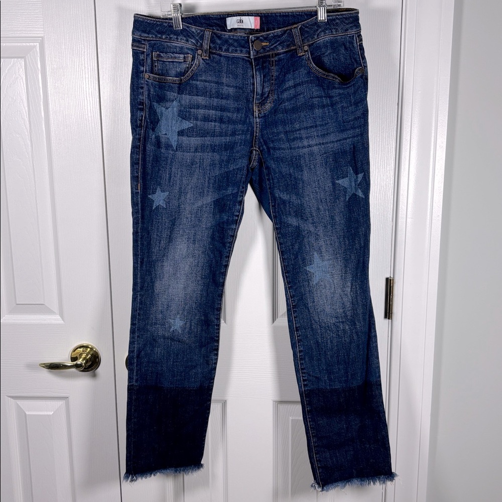 Cabi Almost Famous Slim Boyfriend Star Print Jeans Frayed Hem Size 8 #3937